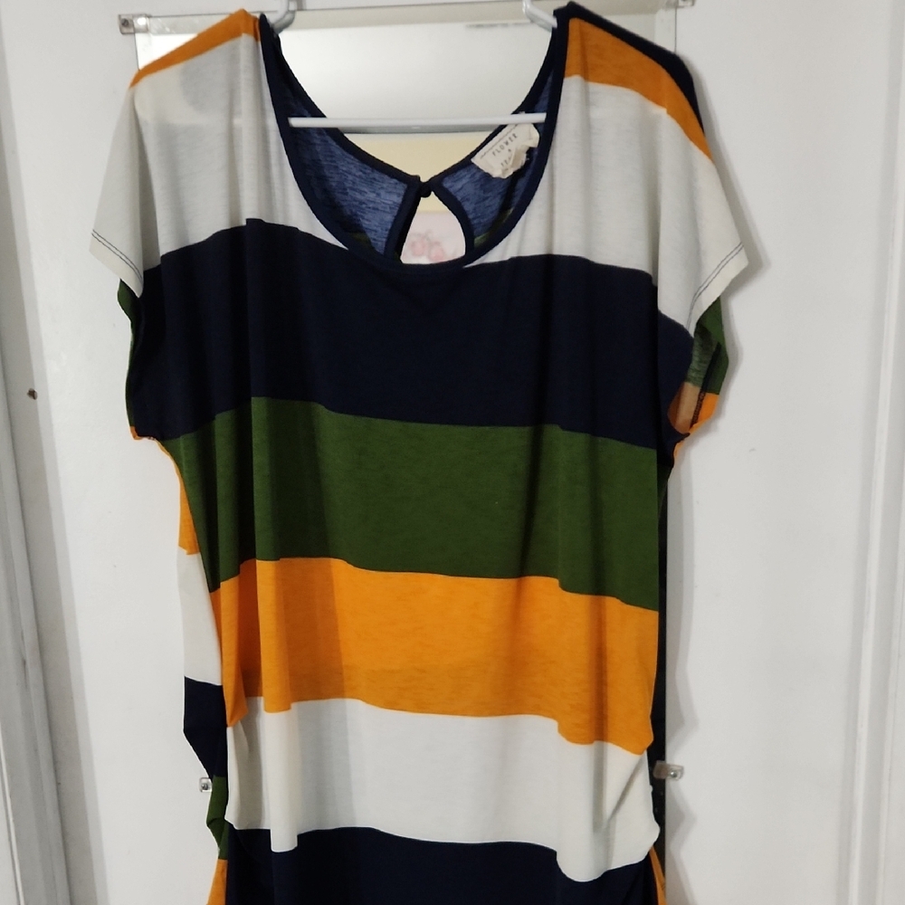 Striped Short Sleeve Women's Top in Navy, Green, Orange, and White